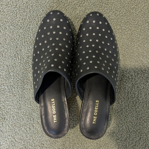 Anthropologie The Odells Black Leather Silver Studded Wooden Platform Clogs 9 - Picture 3 of 10